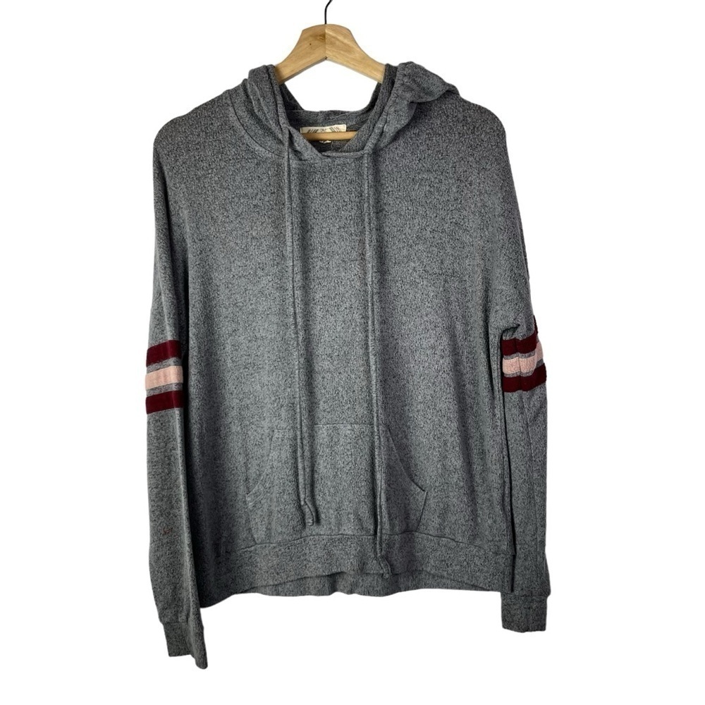 Pink Rose Gray Stripe Sleeve Knit Relaxed Fit Hoodie Sweatshirt L